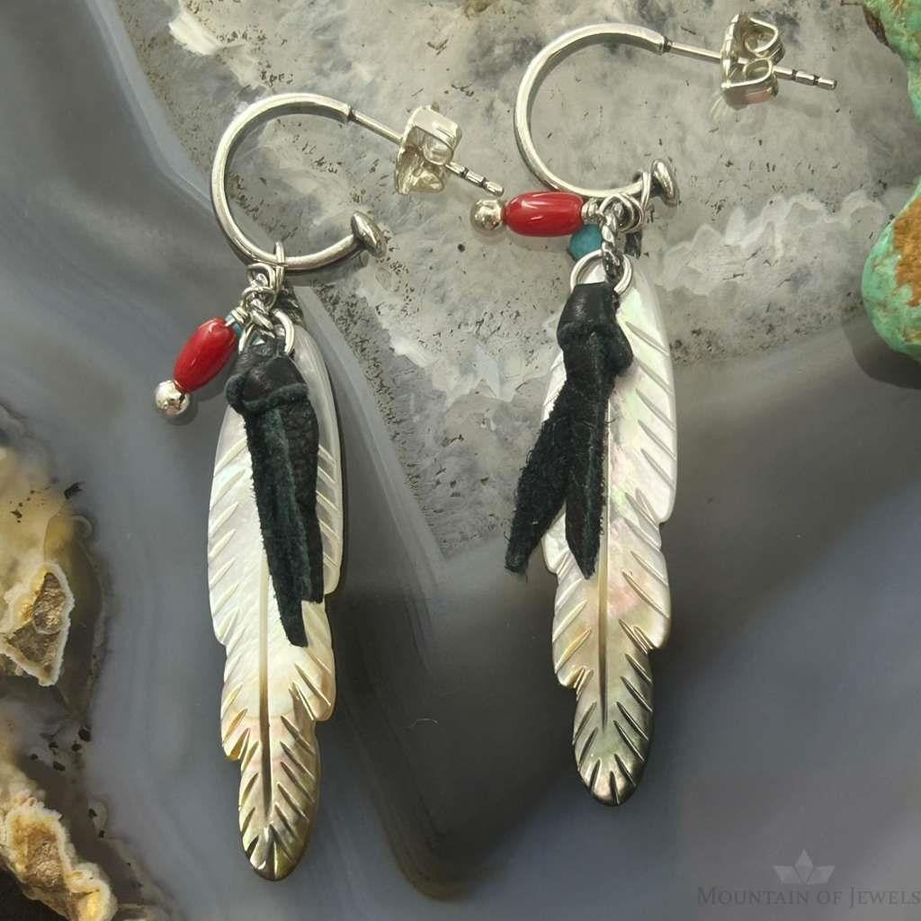 Carolyn Pollack Southwestern Style Sterling Silver MOP Etched Feather Dangle Earrings