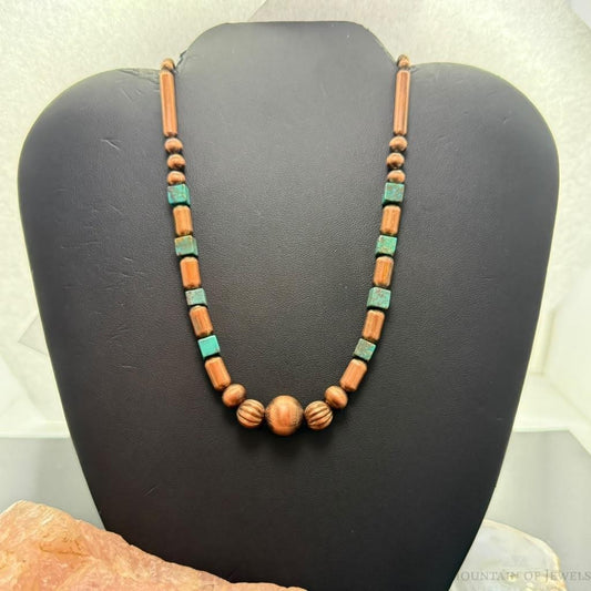 Southwestern Style Copper Navajo Pearl & Cylinder w/Turquoise Beads 20" Necklace For Women