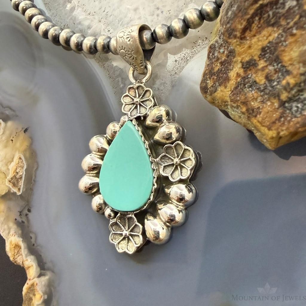 Sterling Silver Southwestern Style Teardrop Turquoise Decorated Pendant For Women