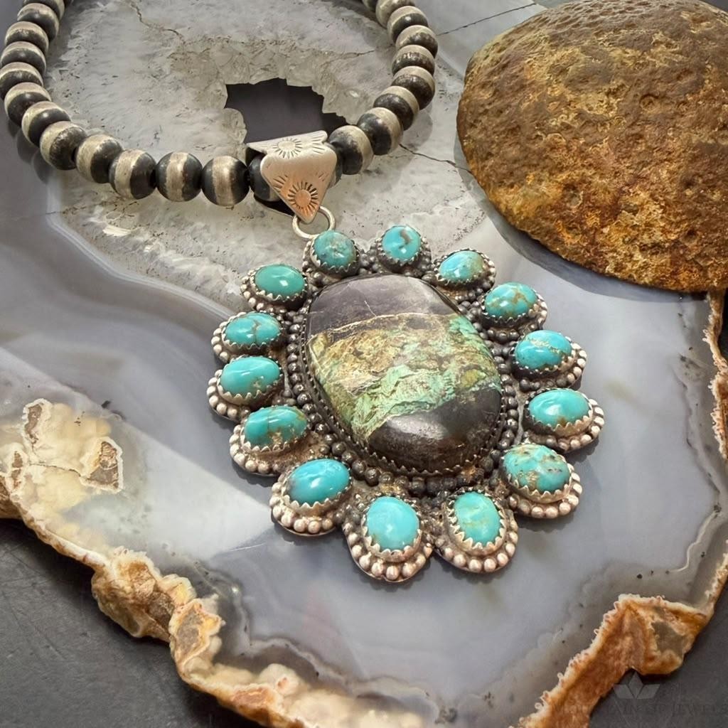Sterling Silver Southwestern Style Blackjack & Kingman Turquoise Pendant For Women