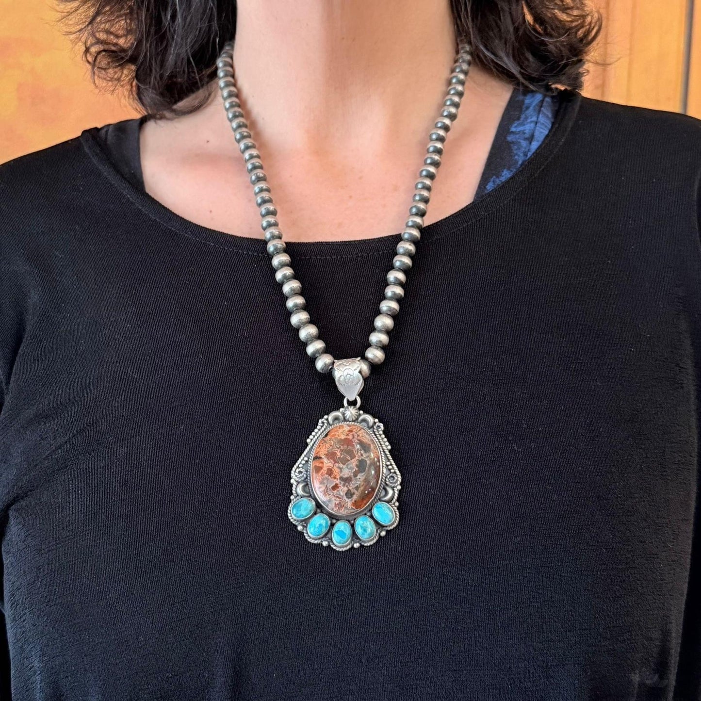 Sterling Silver Southwestern Style Oval Red Creek & Mohave Turquoise Pendant For Women