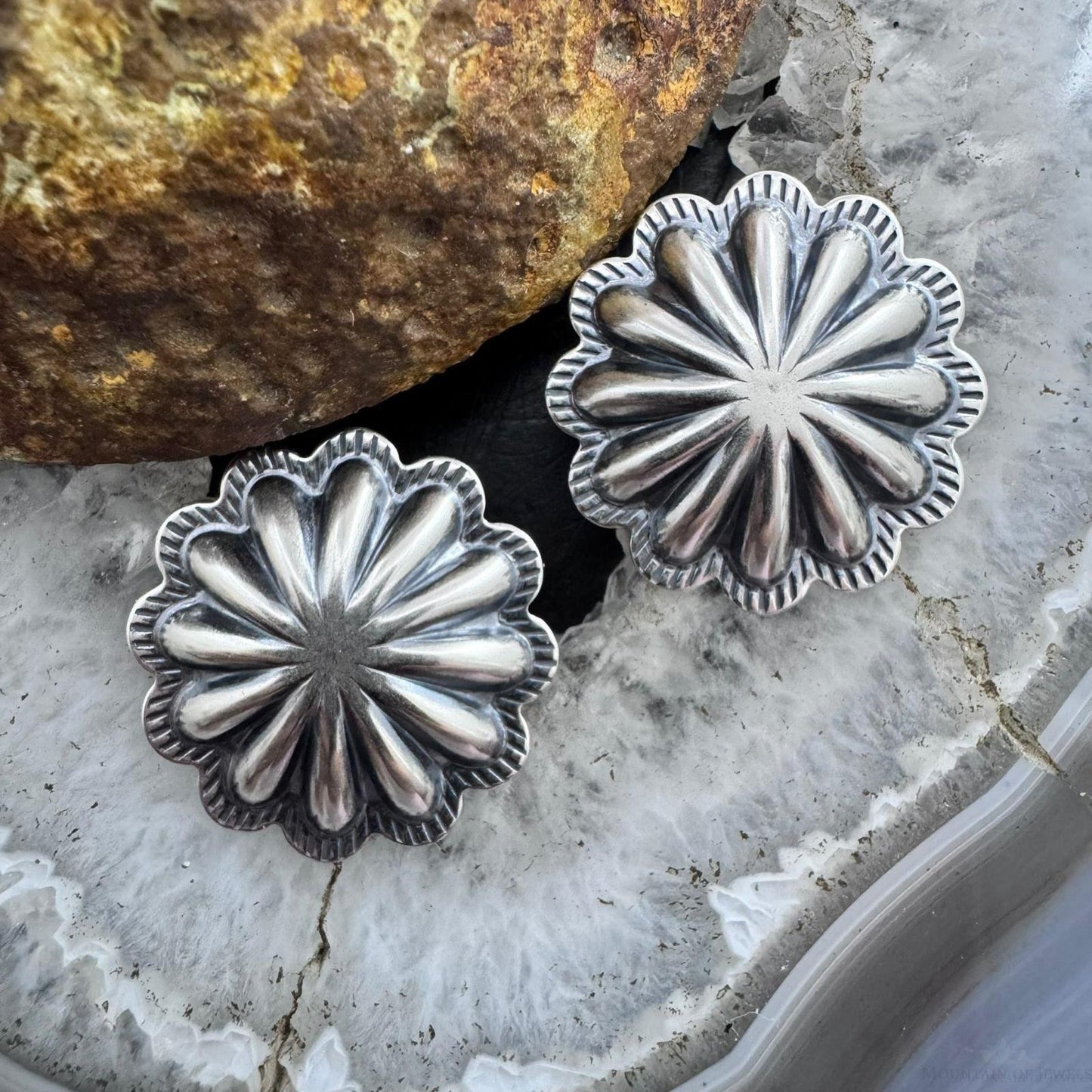 Native American Sterling Silver Repousse Large Concho Stud Earrings For Women