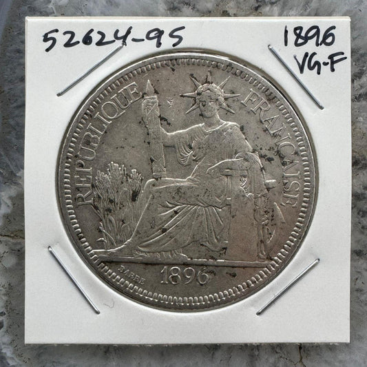 1896 France Indo-Chine Piaster De Commerce 27 gr 90% Silver Coin VG-F #52624-9S