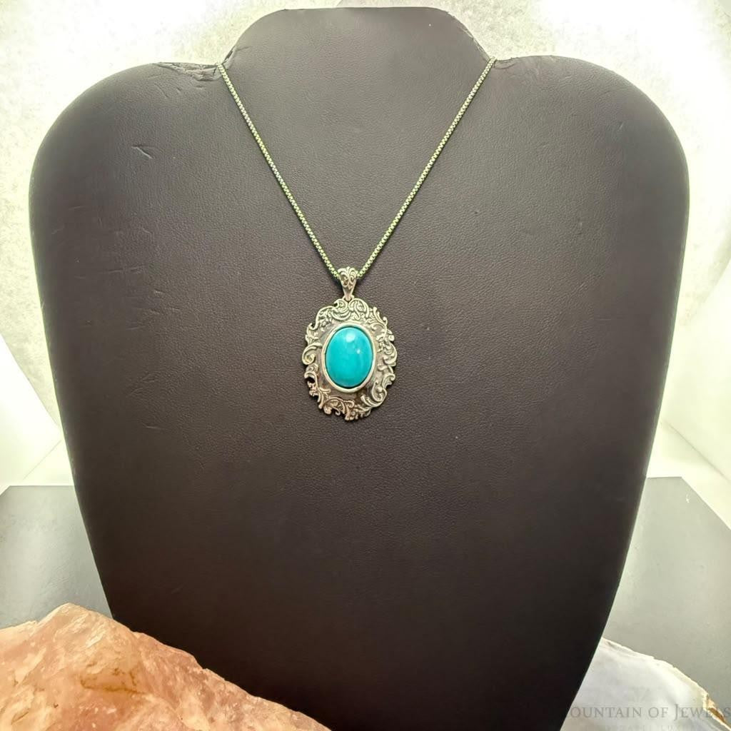 Paz Israel Sterling Silver Oval Turquoise Decorated Pendant w/Necklace For Women
