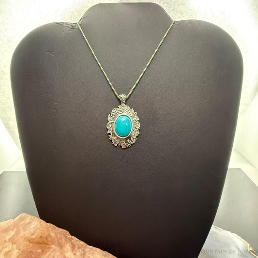 Paz Israel Sterling Silver Oval Turquoise Decorated Pendant w/Necklace For Women