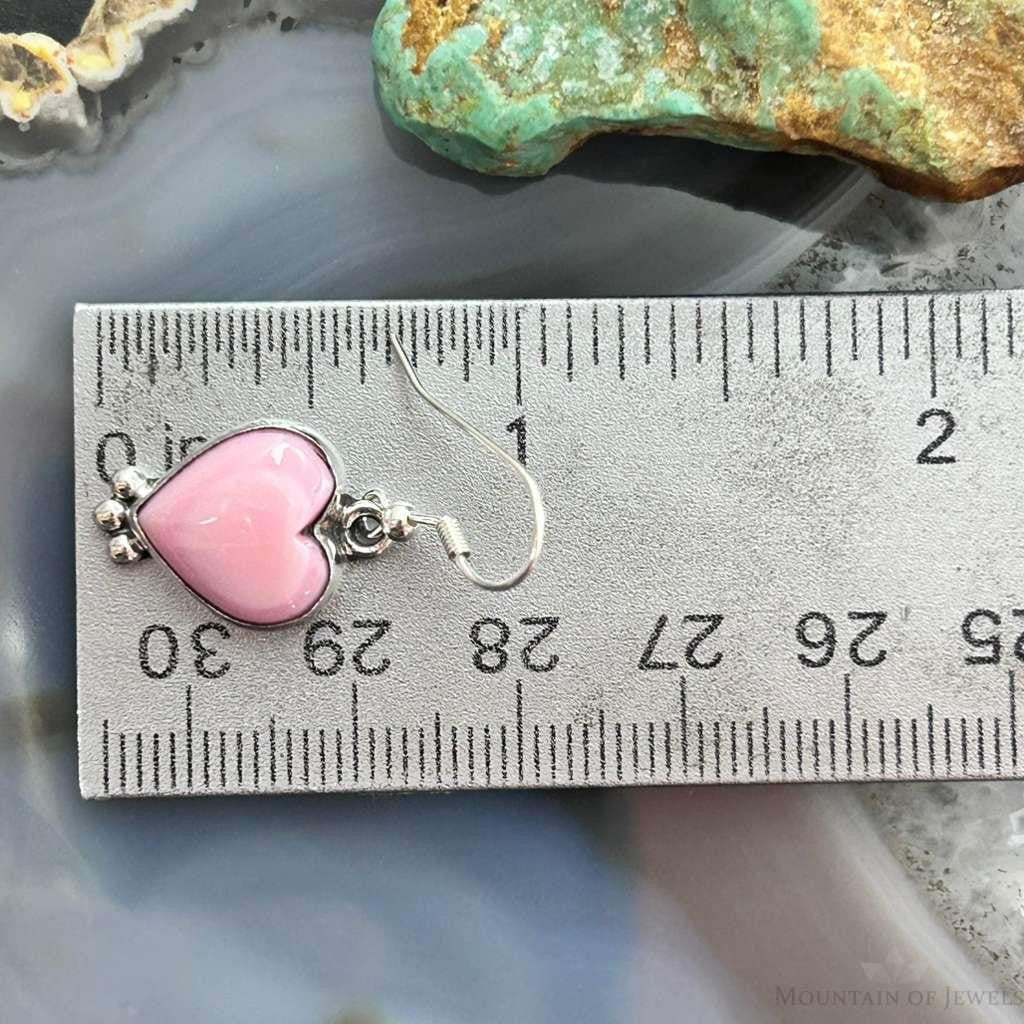 Native American Sterling Silver Pink Conch Decorated Heart Dangle Earrings For Women