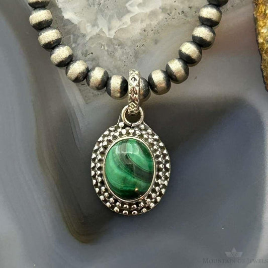 Sterling Silver Southwestern Style Oval Malachite Decorated Charm/Pendant For Women