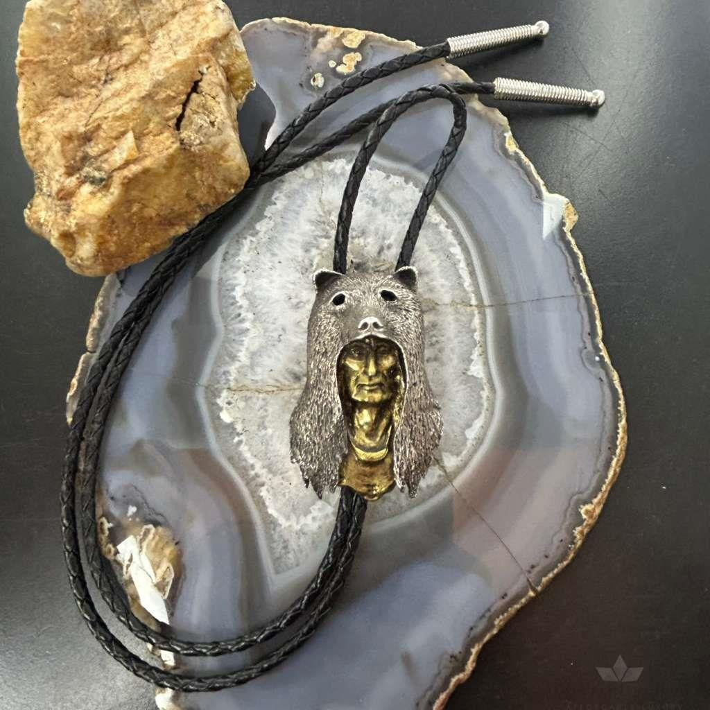 Sid Bell Tully NY Bronze & Pewter Man Inside Bear Decorated Bolo Tie For Men