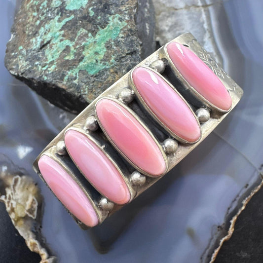 Native Americn Sterling Silver Elongated Pink Conch Single Row Bracelet For Women