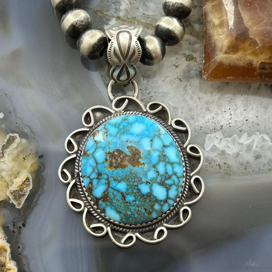 Sterling Silver Southwestern Style Round High Grade Kingman Turquoise Pendant For Women