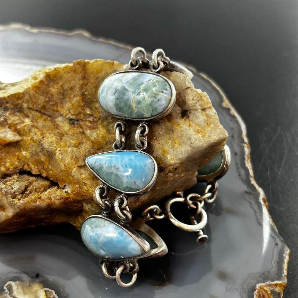 Sterling Silver Multi Shape Larimar Toggle Clasp Fashion Link Bracelet For Women