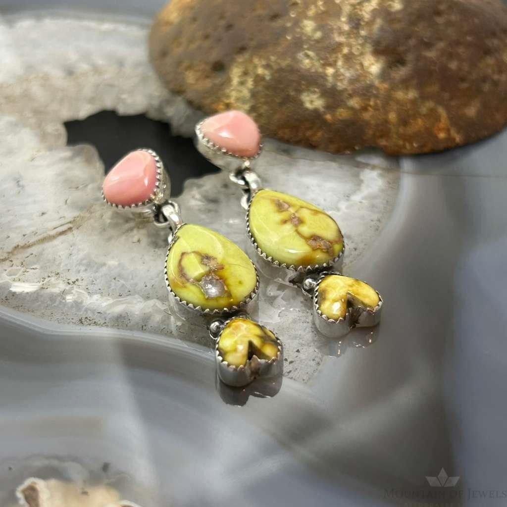 Sterling Silver Southwestern Style Teardrop Palomino & Heart Pink Conch Dangle Earrings For Women