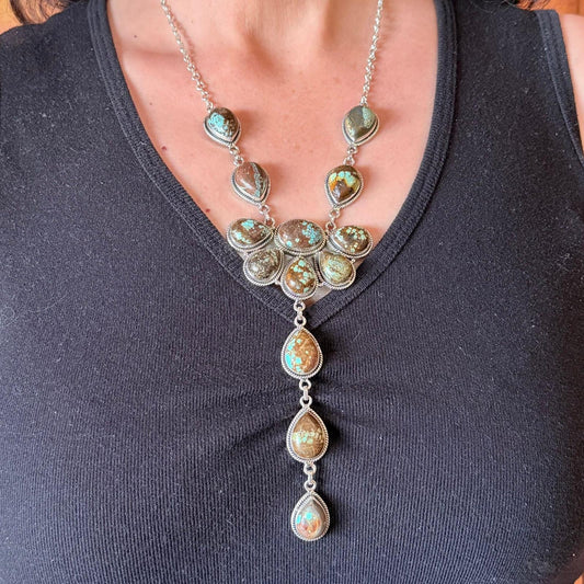 Sterling Silver Southwestern Style Turquoise #8 Cluster 30" Necklace For Women