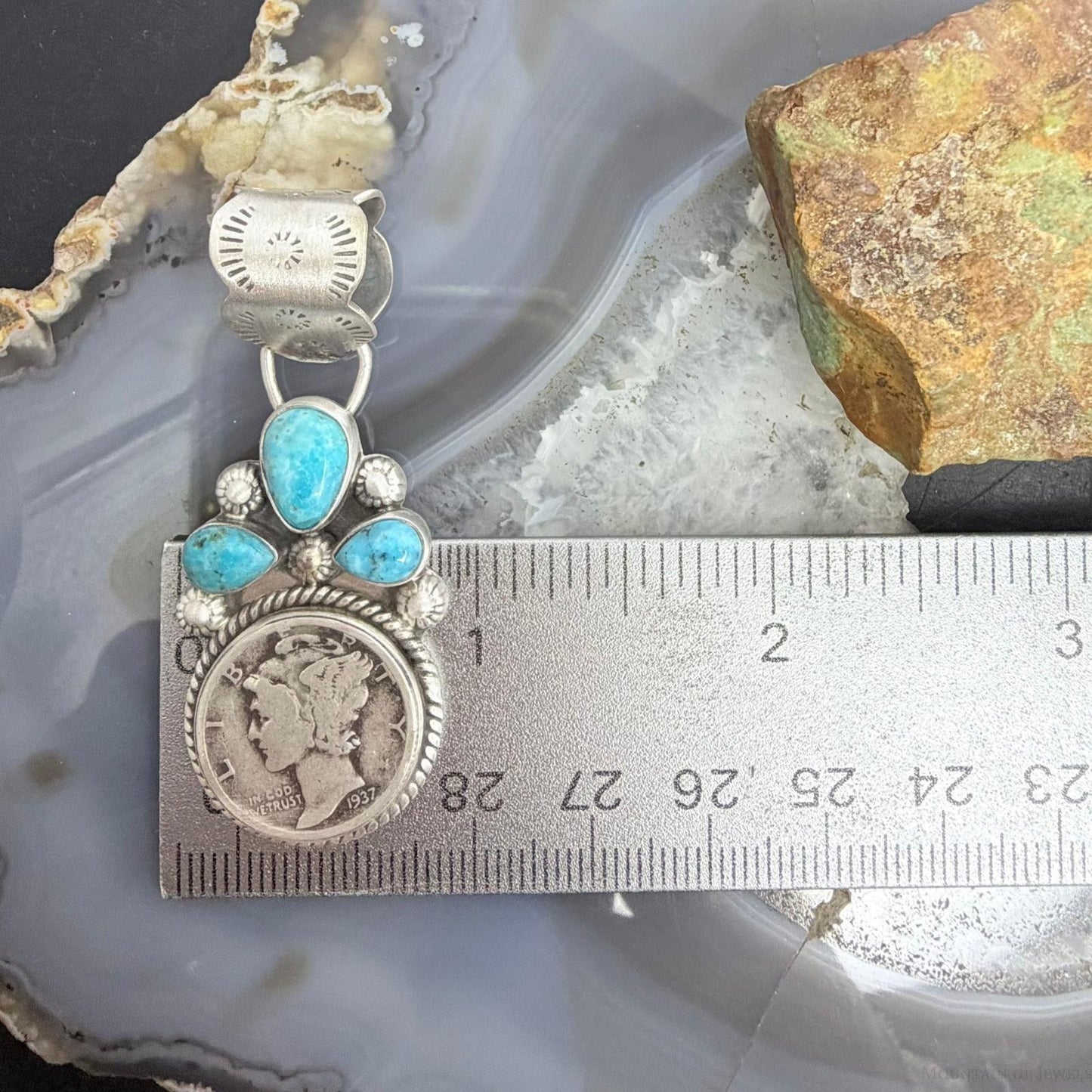 Genuine 1937 90% Silver Mercury Dime Coin Mohave Turquoise Unisex Pendant
