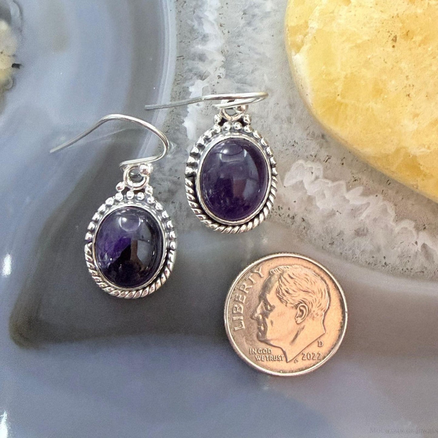 Sterling Silver Southwestern Style Oval Amethyst Dangle Earrings For Women