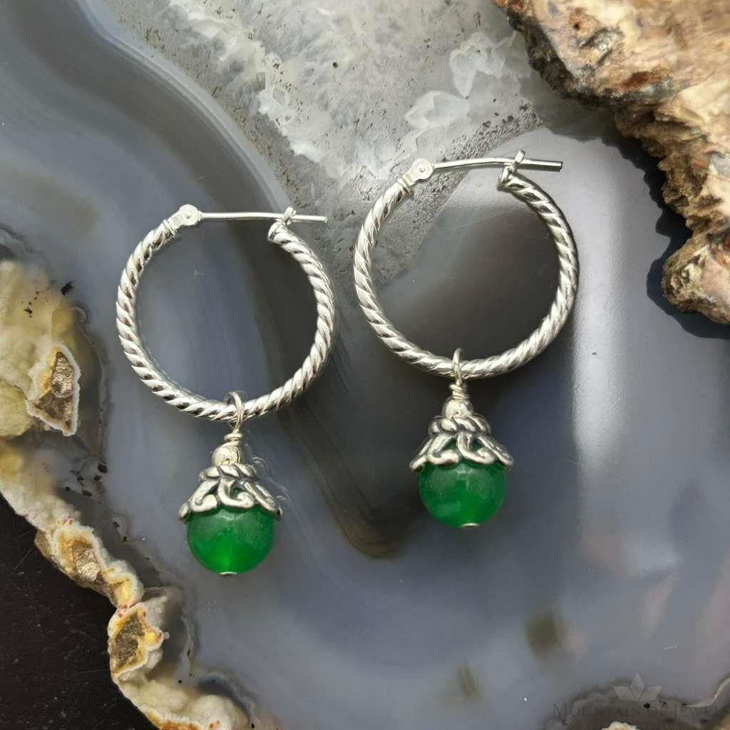 Carolyn Pollack Sterling Silver Twisted Hoop w/Green Jadeite Dangle Earrings For Women