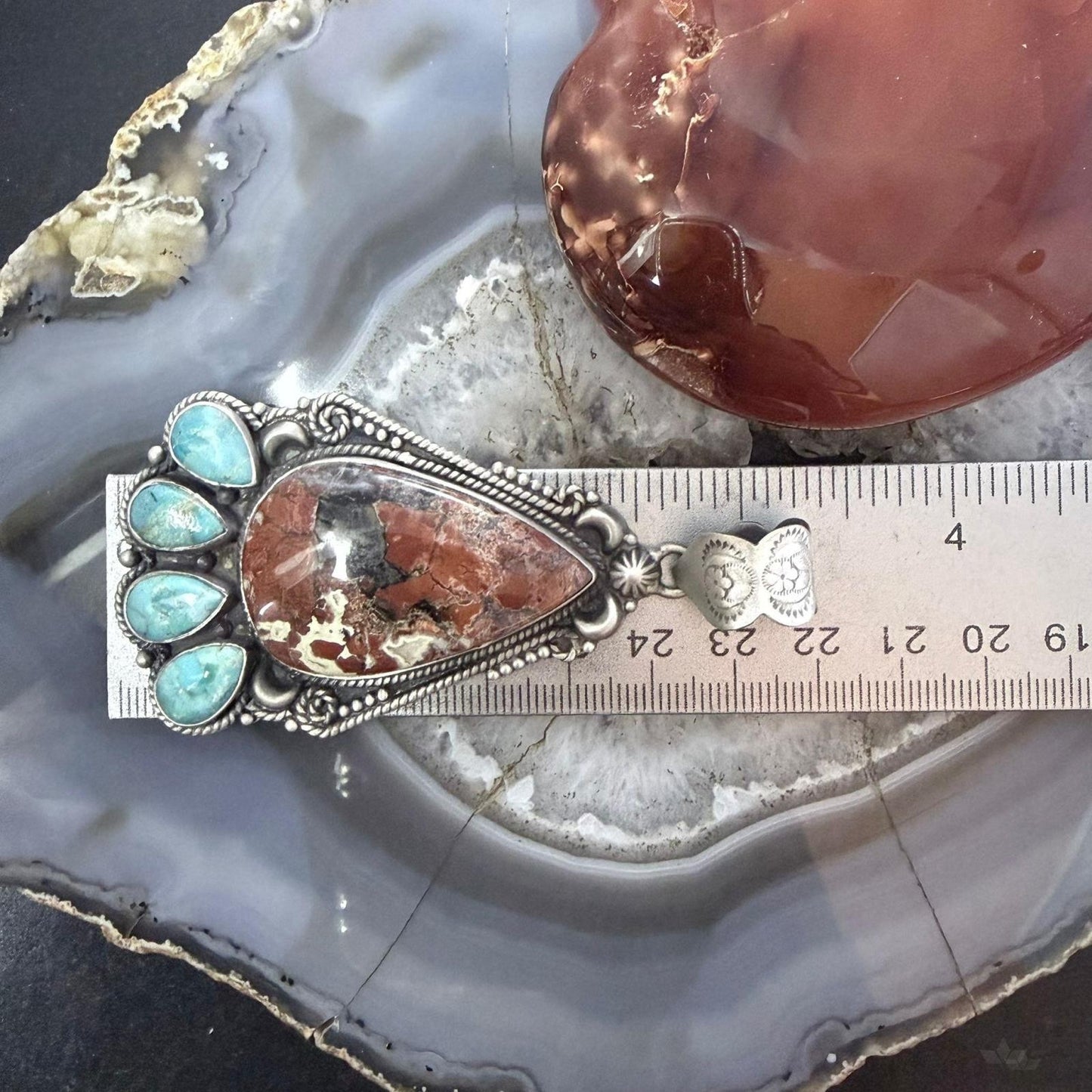 Sterling Silver Southwestern Style Large Red Creek & Mohave Turquoise Pendant For Women