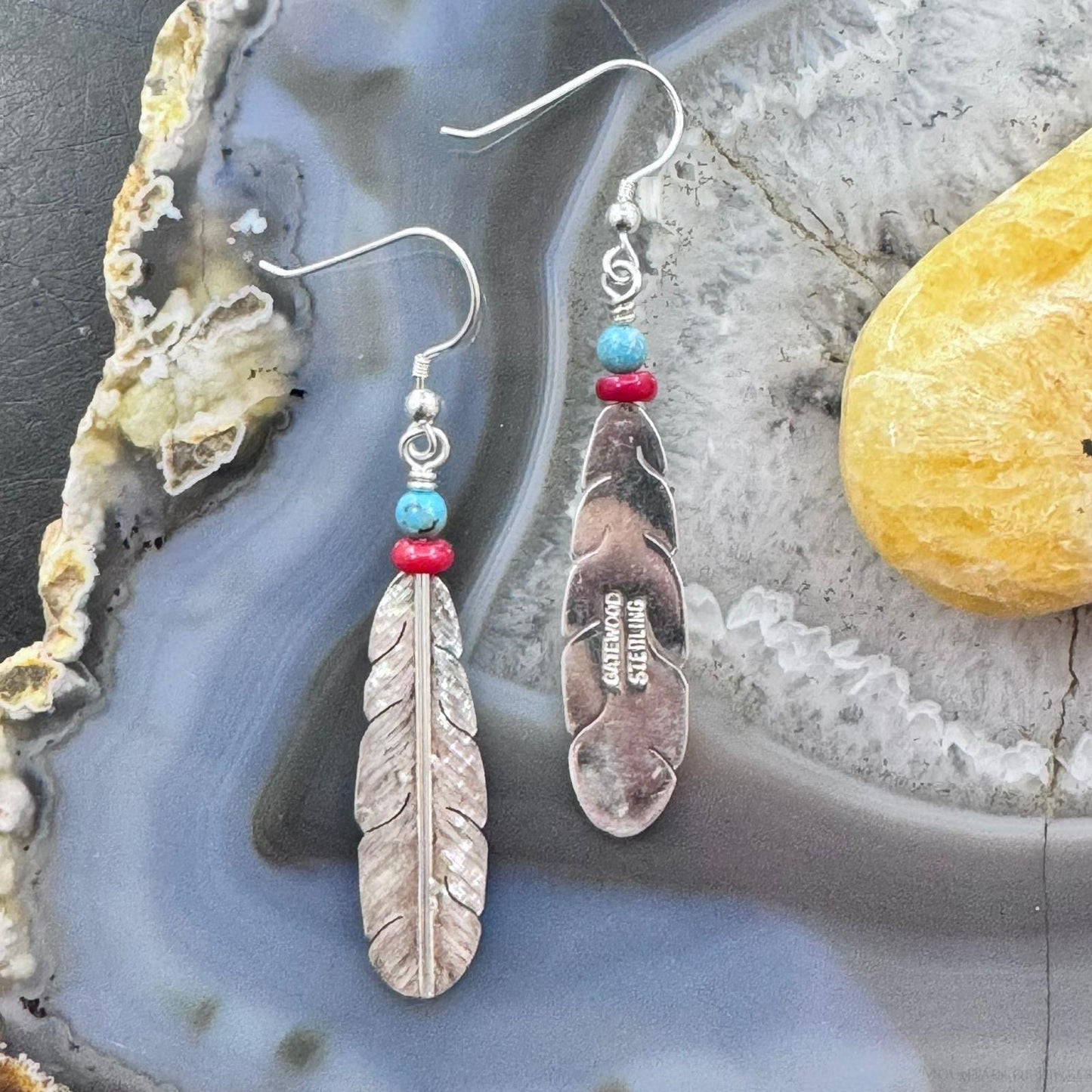 Anthony Gatewood Sterling Silver Turquoise & Coral Bead Feather Dangle Earrings For Women