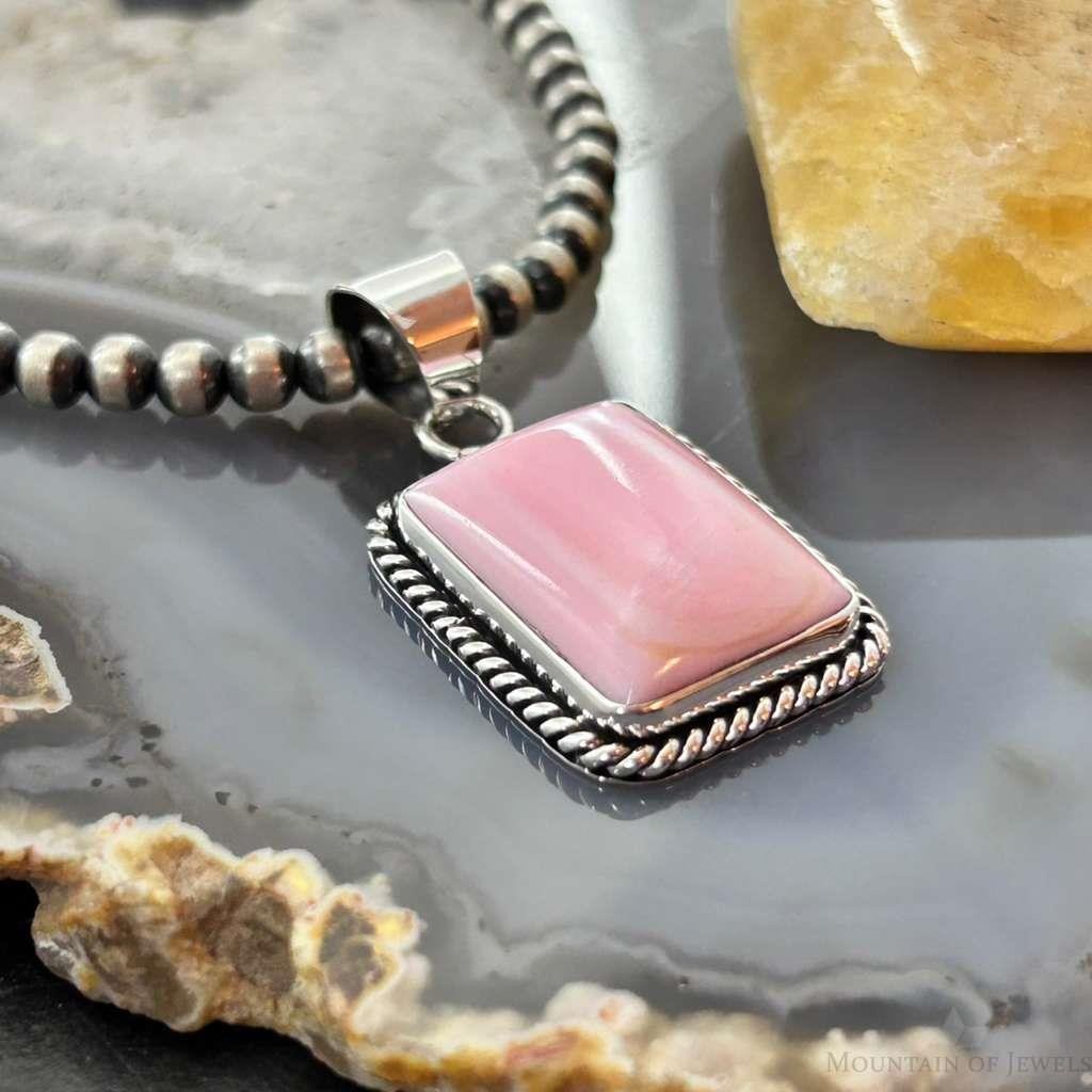 Native American Sterling  Silver Rectangle Pink Conch Decorated Pendant For Women #2
