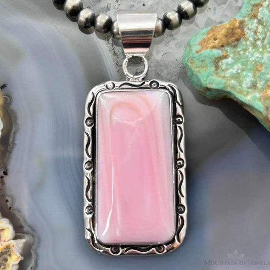 Native American Sterling Silver Rectangle Pink Conch Decorated Pendant For Women