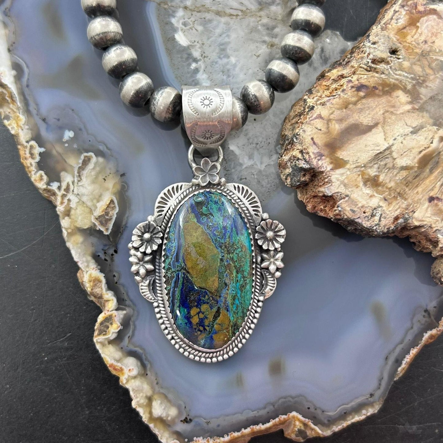 Sterling Silver Southwestern Style Oval Chrysocolla Decorated Pendant For Women