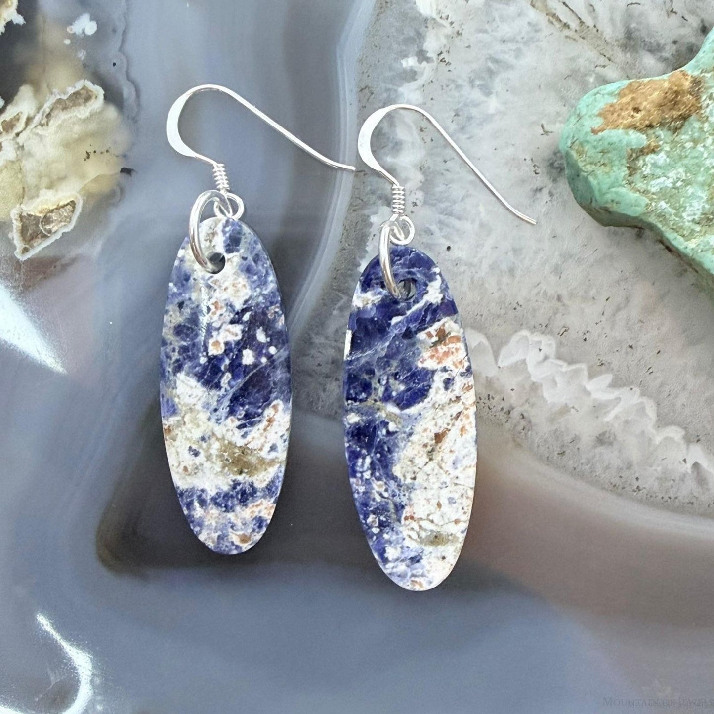 Sterling Silver Oval Sodalite Slab Dangle Earrings For Women #503