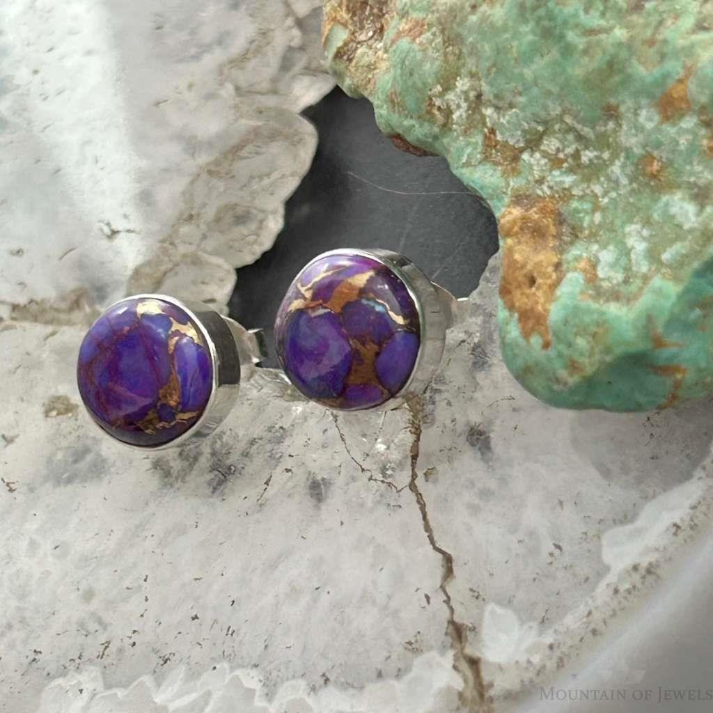 Sterling Silver Southwestern Style Rounded Purple Dahlia Stud Earrings For Women
