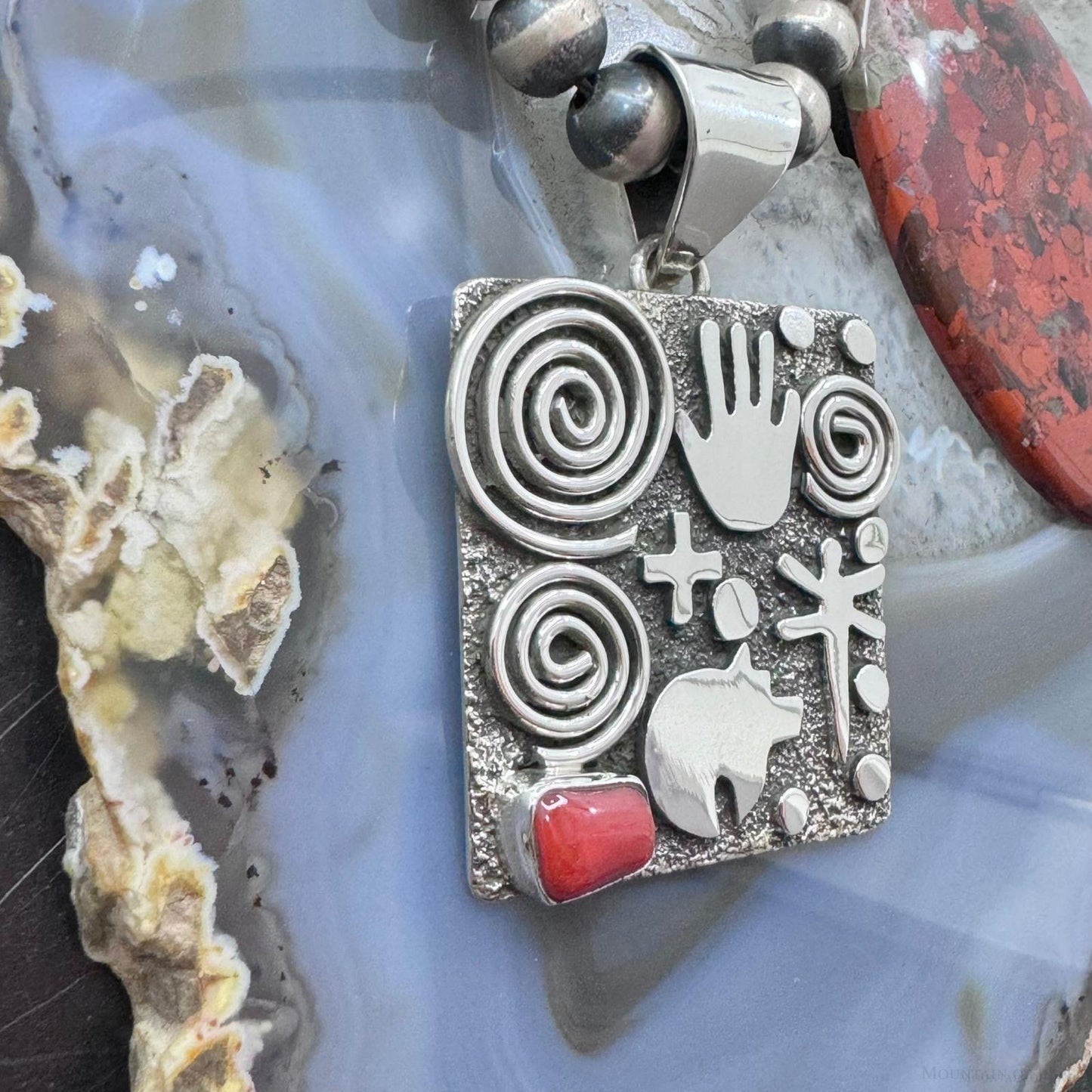 Alex Sanchez Native American Sterling Silver Coral Square Petroglyph Unisex Pendant