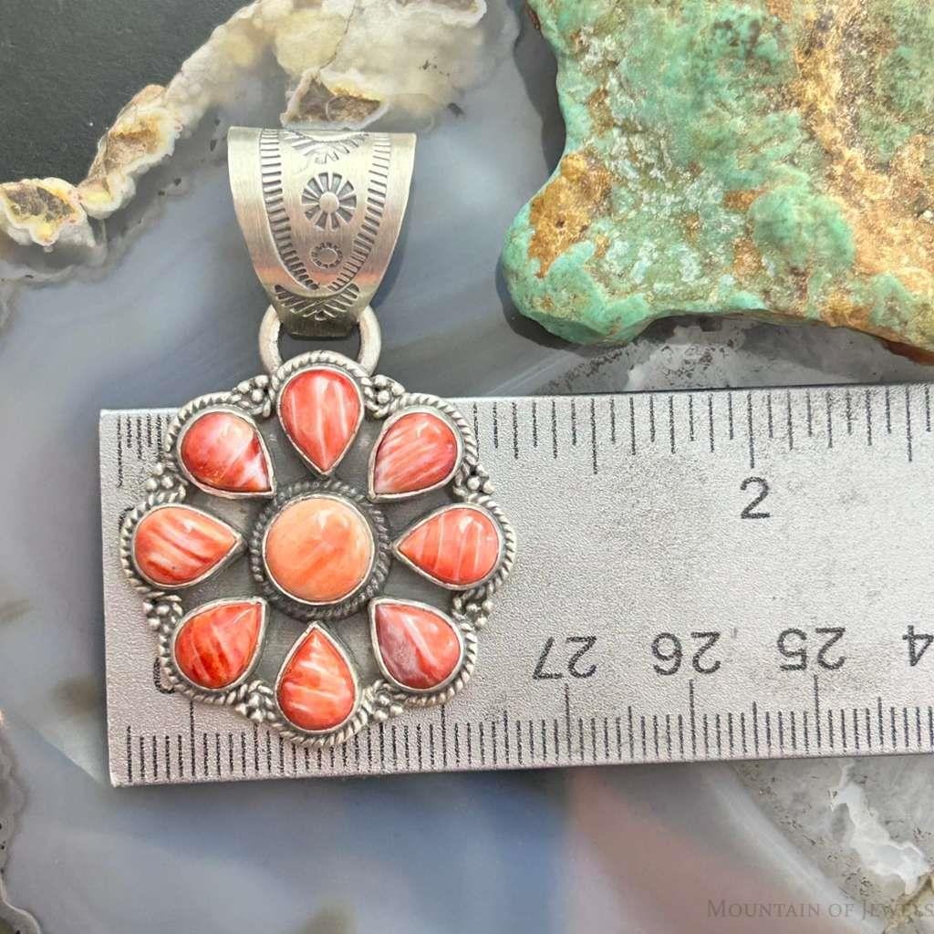 Native American Sterling Silver Orange Spiny Oyster Cluster Pendant For Women