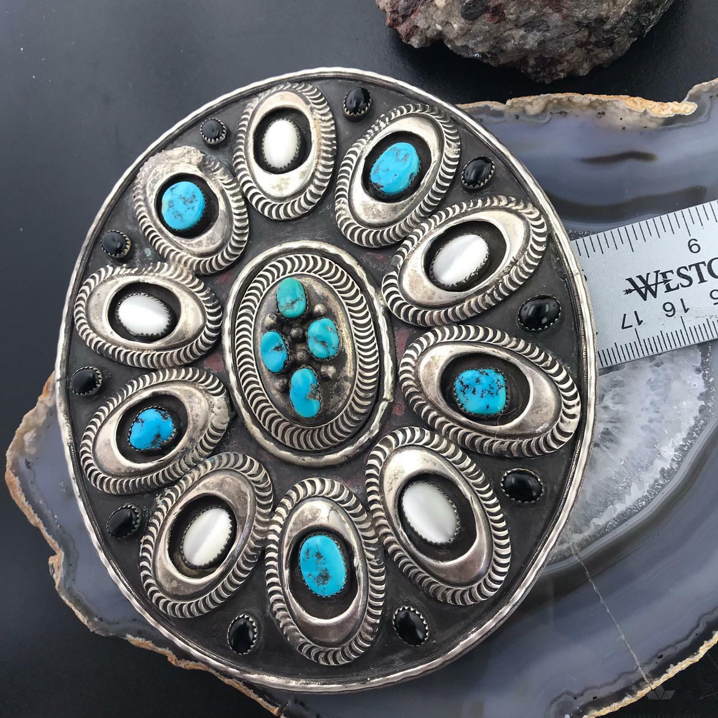 Heavy Silver Belt Buckle Turquoise Mother of Pearl and Onyx Oval Belt Buckle