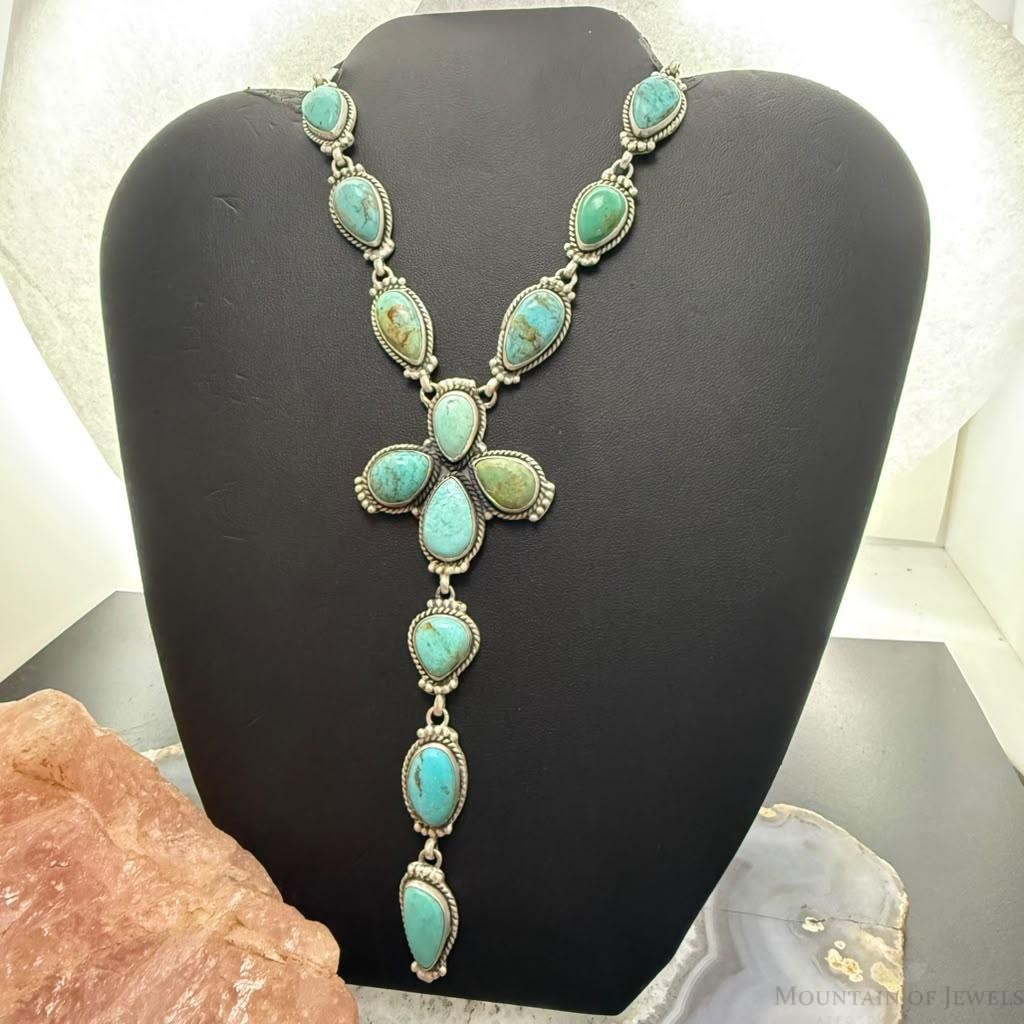 Sterling Silver Southwestern Style Royston Turquoise Lariat 28" Necklace For Women