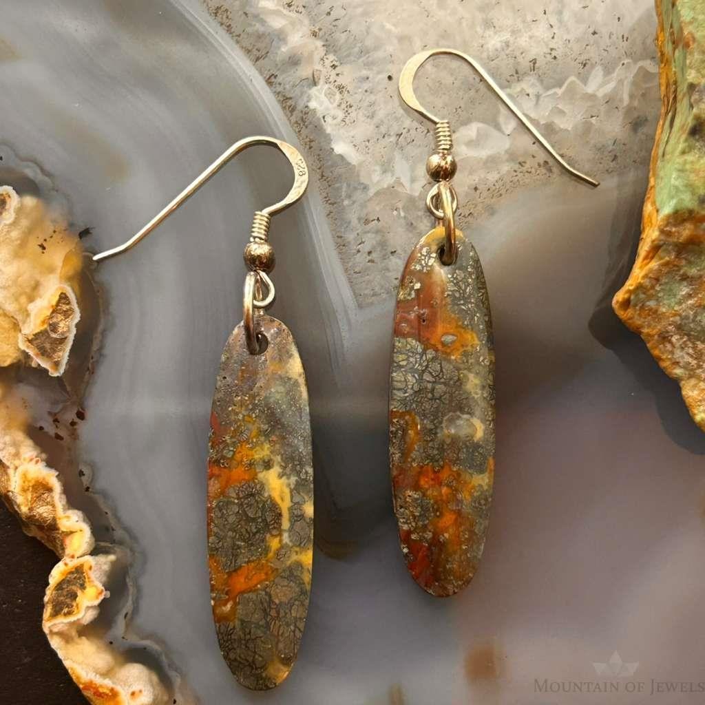 Sterling Silver Elongated Oval Red Marcasite Slab Dangle Earrings For Women #200