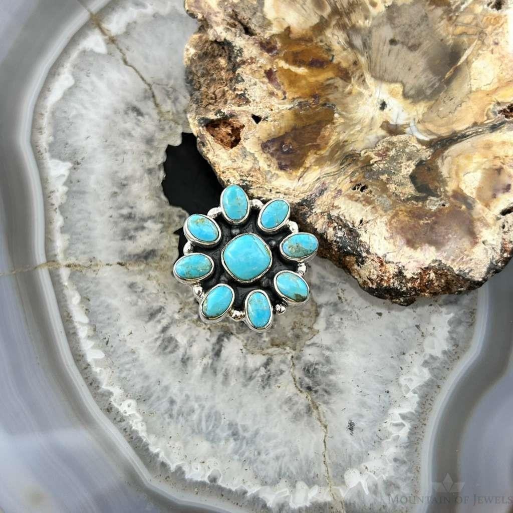 Sterling Southwestern Style Mohave Turquoise Cluster Ring Size 7.5 For Women