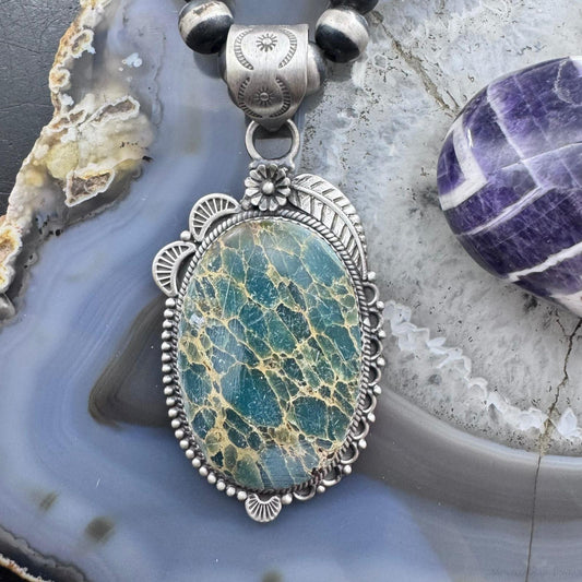 Sterling Silver Southwestern Style Elongated Oval Sediment Jasper Decorated Pendant For Women