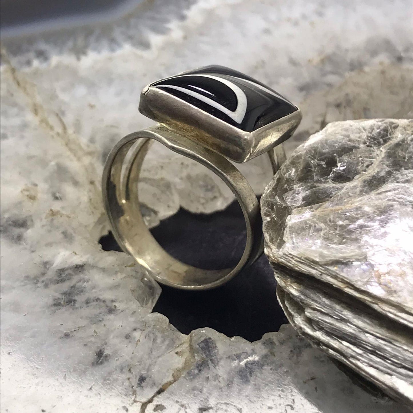 Vintage Signed Native American Sterling  Silver Rectangle Onyx Ring Size 6 For Women