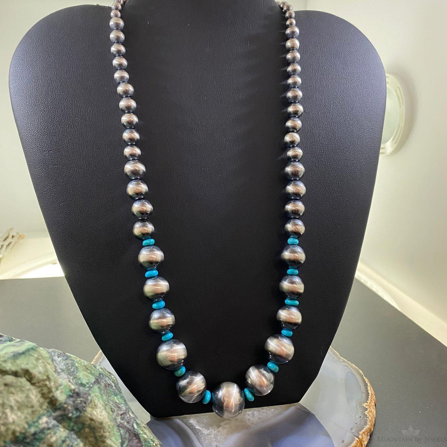 Navajo Pearl Beads Graduated 4-16mm w/Turquoise Disk Beads Sterling 18" Necklace