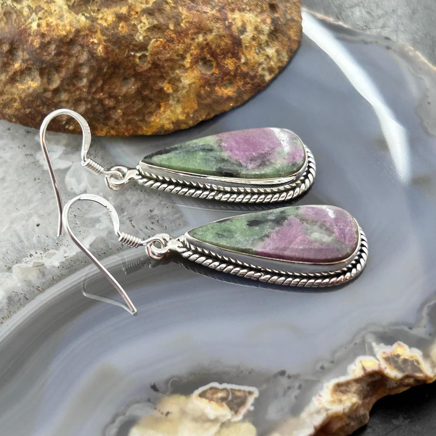 Sterling Silver Southwestern Style Teardrop Ruby Zoisite Dangle Earrings For Women