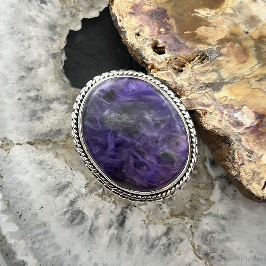 Sterling Silver Southwestern Style Oval Charoite Decorated Ring Size 7 For Women