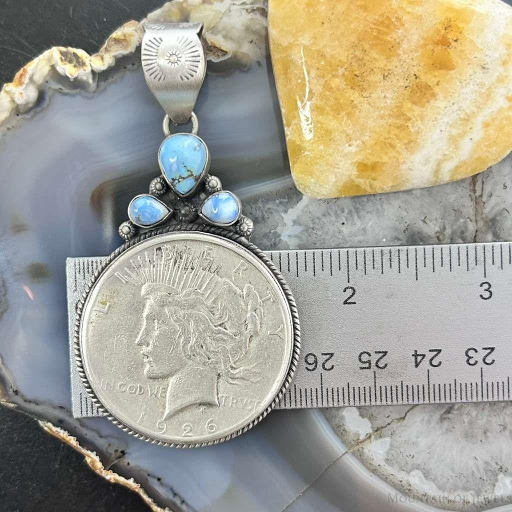 Genuine 1926 90% Peace Silver Dollar Coin Golden Hill Turquoise Unisex Pendant