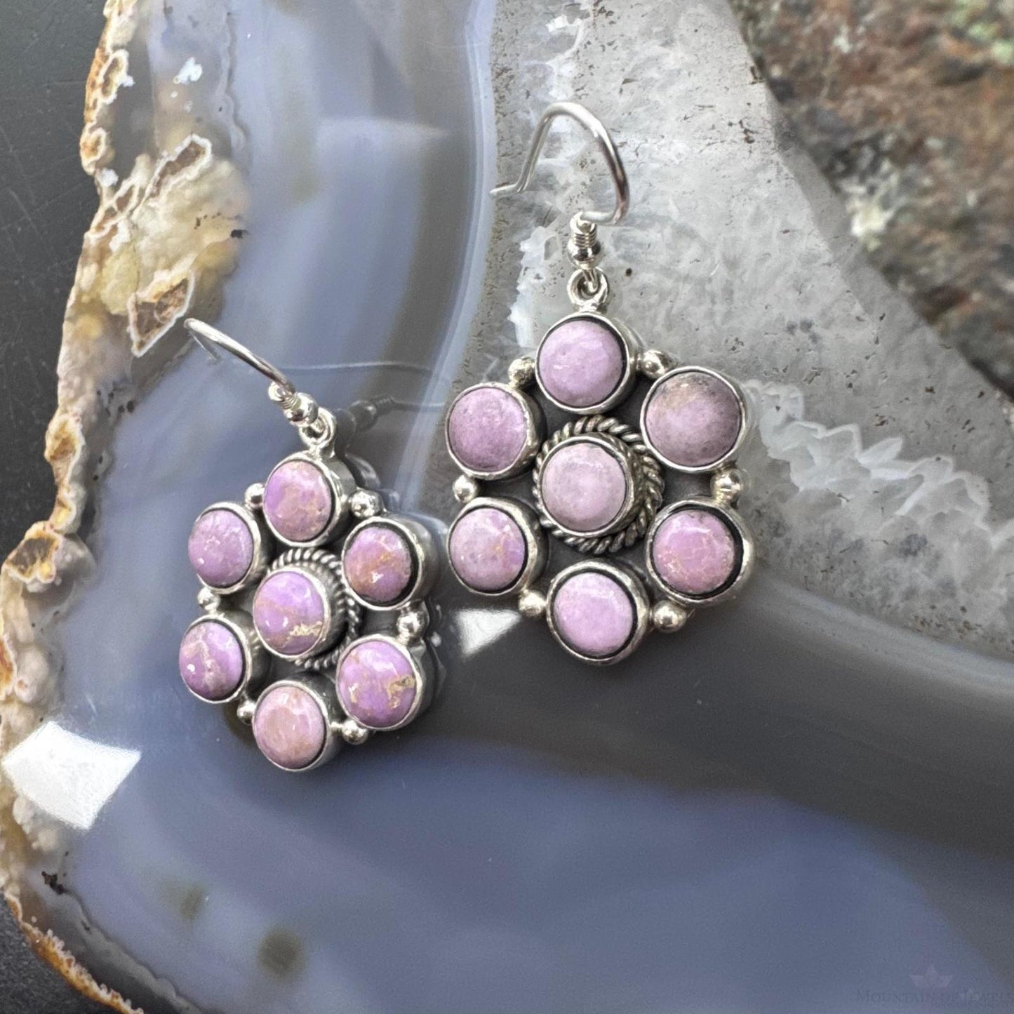 Native American Sterling Silver Phosphosiderite Cluster Dangle Earrings For Women
