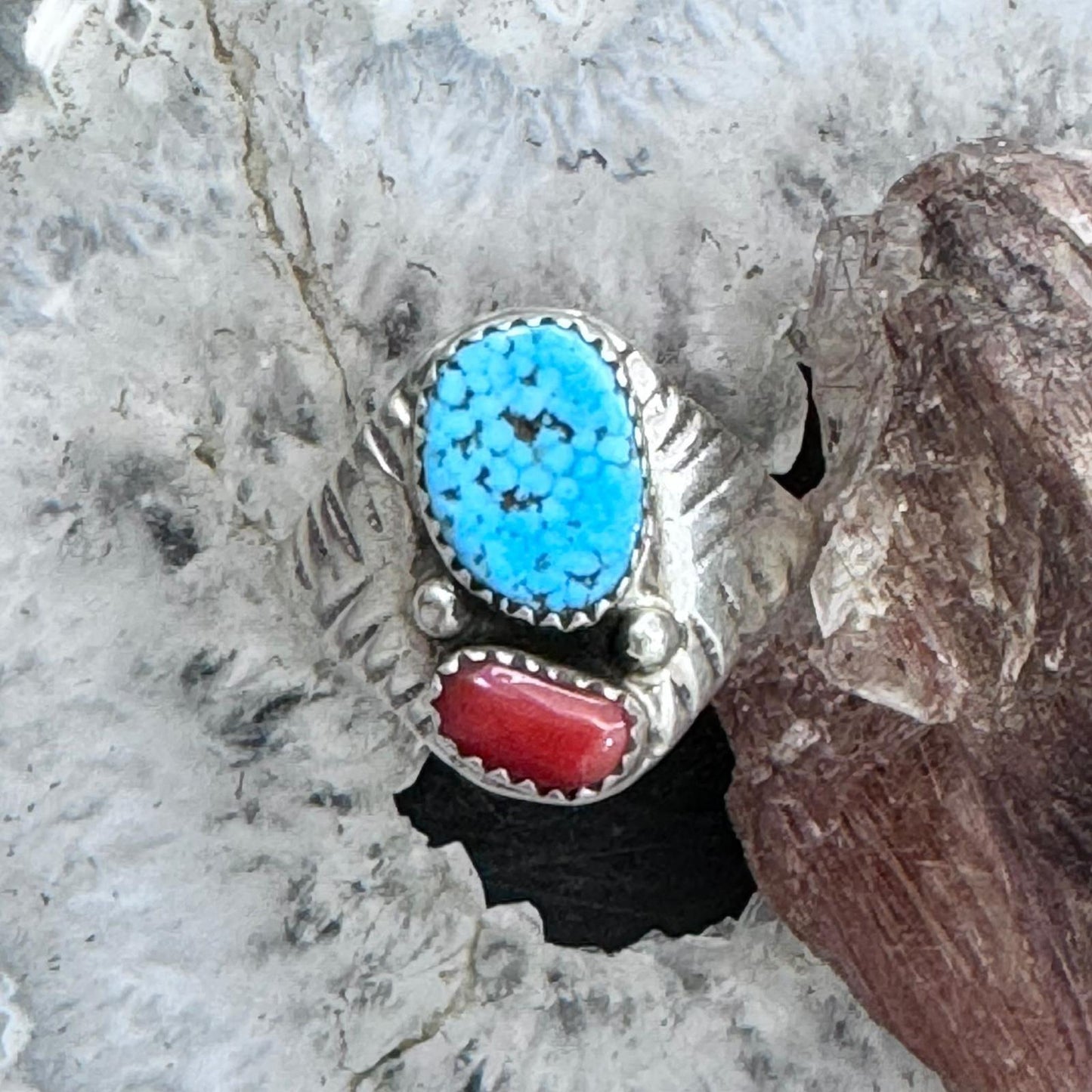 Pauline Nelson Sterling Silver Turquoise & Coral Decorated Ring Size 12.5 For Men