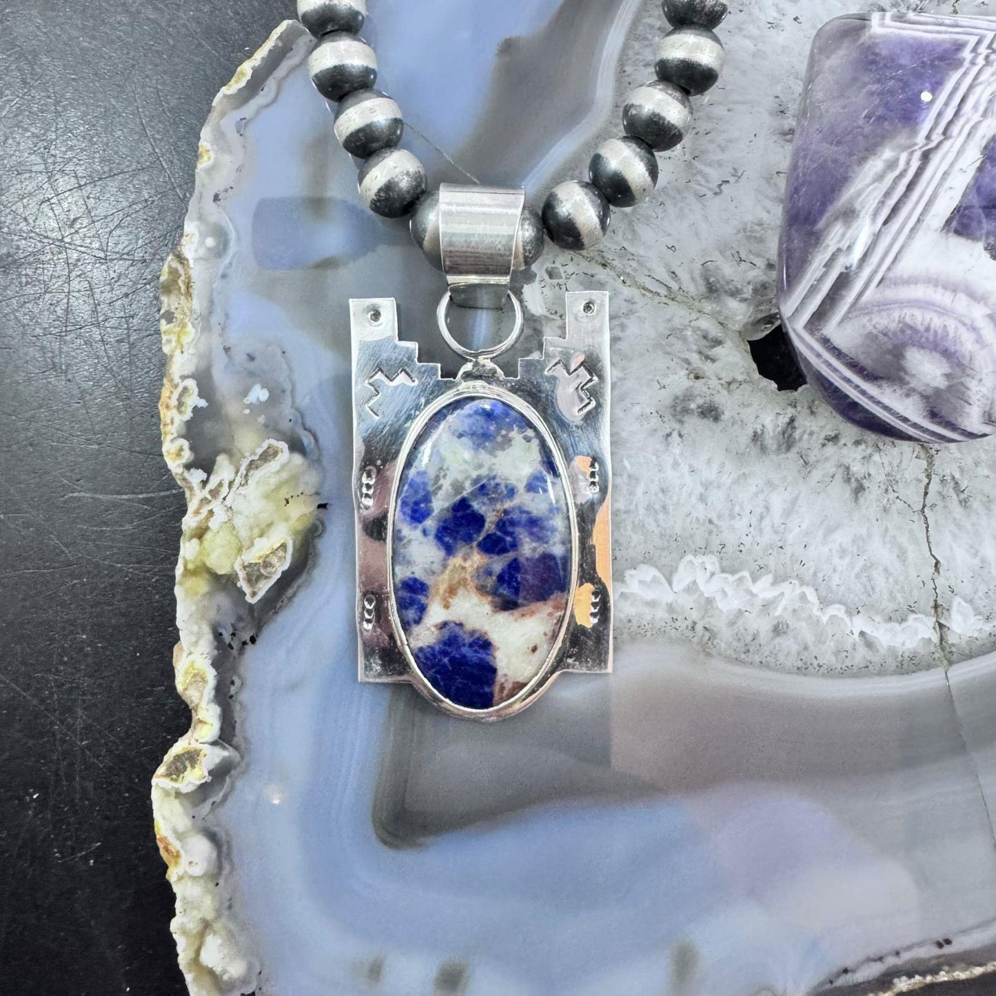 Frank Chavez Native American Sterling Silver Oval Sodalite Unisex Pendant