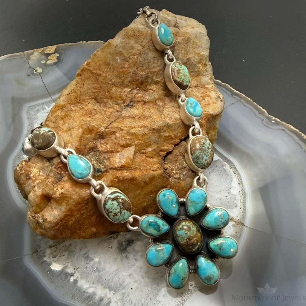 Sterling Silver Southwestern Style Turquoise 20" Cluster Necklace For Women