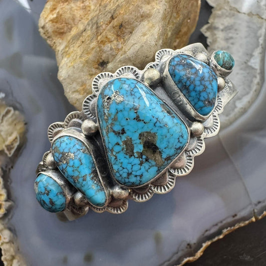 Signed Vintage Native American Sterling Silver Turquoise Decorated Bracelet For Women