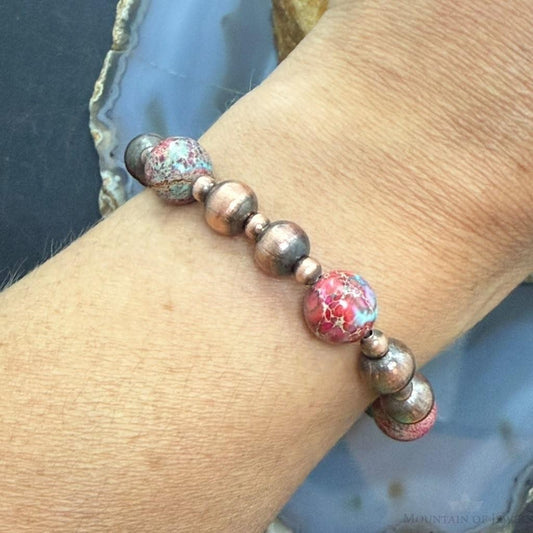 Southwestern Style 4-8mm Copper Navajo Pearl & 10mm Sediment Jasper Stretch Bracelet For Women