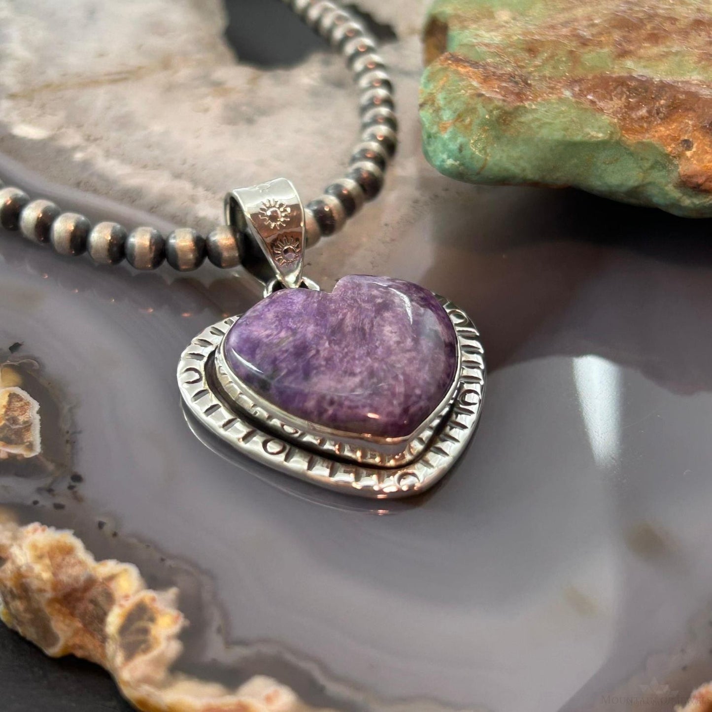 Sterling Silver Southwestern Style Charoite Decorated Heart Pendant For Women #2