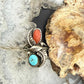 Vinatge Native American Silver Coral & Turquoise Leaf Ring Size 7.5 For Women