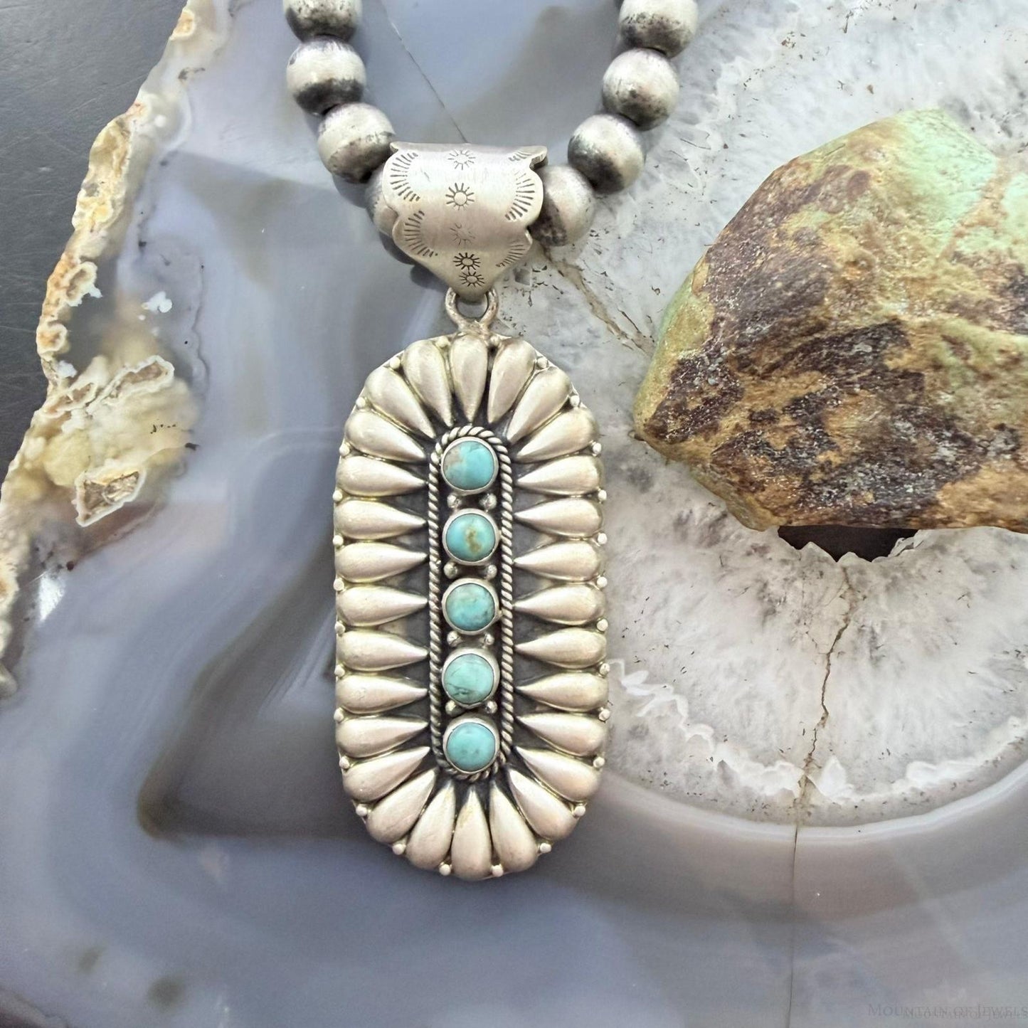 Sterling Silver Southwestern Style Turquoise &Silver Teardrop Cluster Pendant For Women
