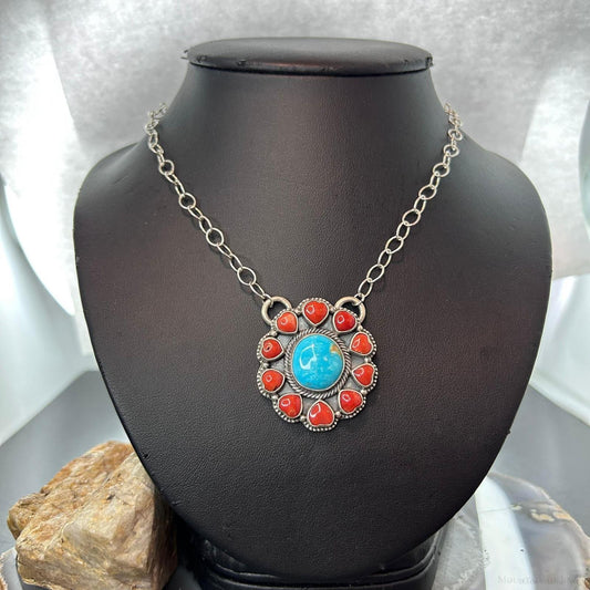Native American Sterling Silver Round Turquoise &Coral Heart Cluster Pendant W/Necklace For Women