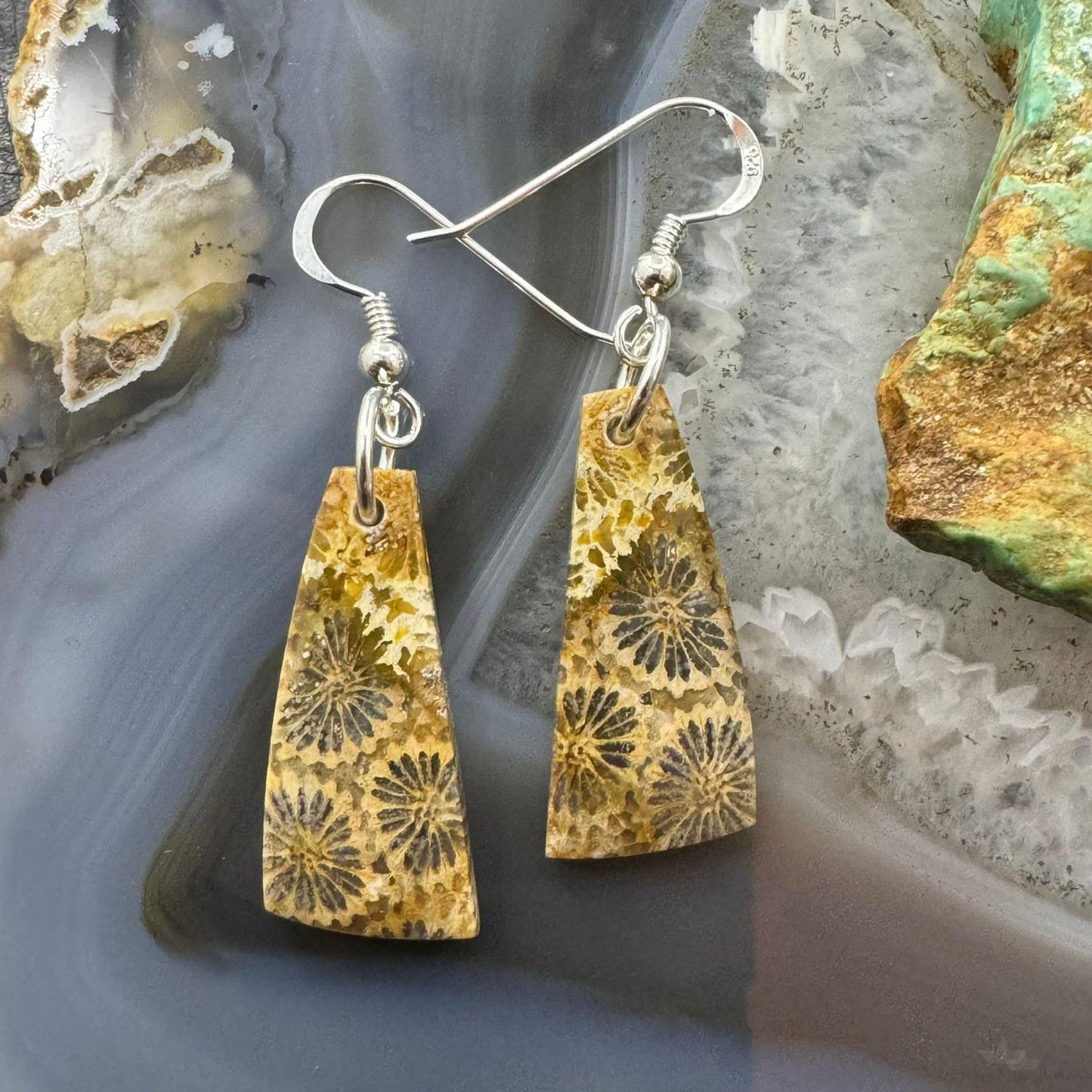 Sterling Silver Triangle Fossilized Jasper Slab Dangle Earrings For Women #198